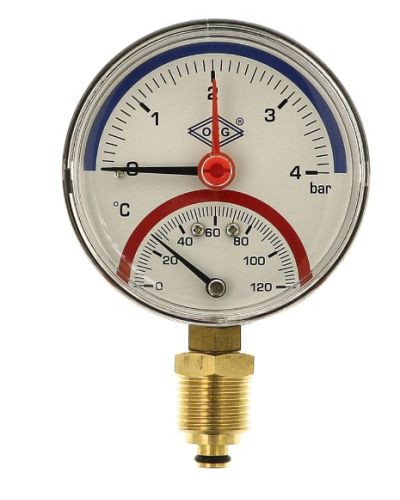 Thermo-manomètre, 0-2,5/4 bar, 0-120°C, 80 mm, radial, ½"