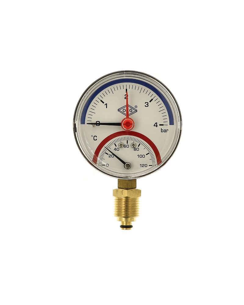Thermo-manomètre, 0-2,5/4 bar, 0-120°C, 80 mm, radial, ½"